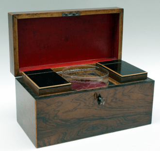 wooden caddy with 2 canisters and bowl