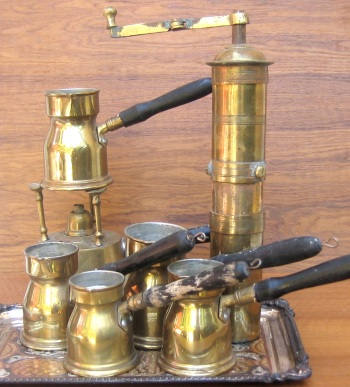 Ibrik, cezve, rakwa set with coffee-grinder
